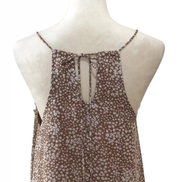 Flawless Tan White Ditzy Floral Boho Maxi Dress Lined Ruffle Women's Size Small - Picture 12 of 12